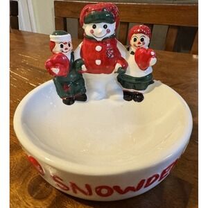 Snowden 1998 DHC Snowman Candy Dish w/ Raggedy Ann Style Kids Vintage Christmas